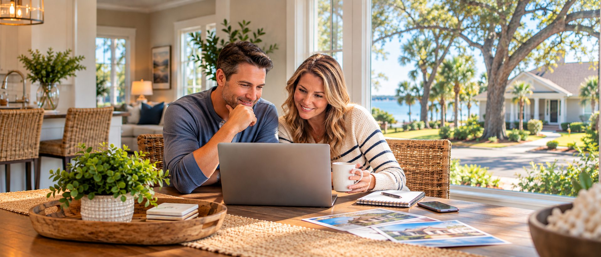Out-of-state homebuyer reviewing Emerald Coast property information on a laptop during a remote home search